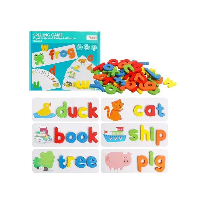Picture of Wooden Spelling Game Toy with Flash Cards - Montessori Letter Matching & Sight Words Learning Gift for Preschool Kids (3-5 Years),Learn to Spell - Montessori Wooden Flash Card Puzzle