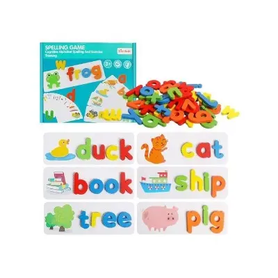Picture of Wooden Spelling Game Toy with Flash Cards - Montessori Letter Matching & Sight Words Learning Gift for Preschool Kids (3-5 Years),Learn to Spell - Montessori Wooden Flash Card Puzzle