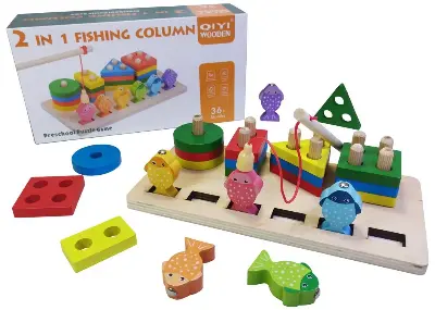Picture of Wooden Stacking Toys, Shape Sorting Board & Wooden Toddler Fishing Toys, Shape Color Recognition Blocks Matching Puzzle Preschool Learning Toys for Kids Boys & Girls