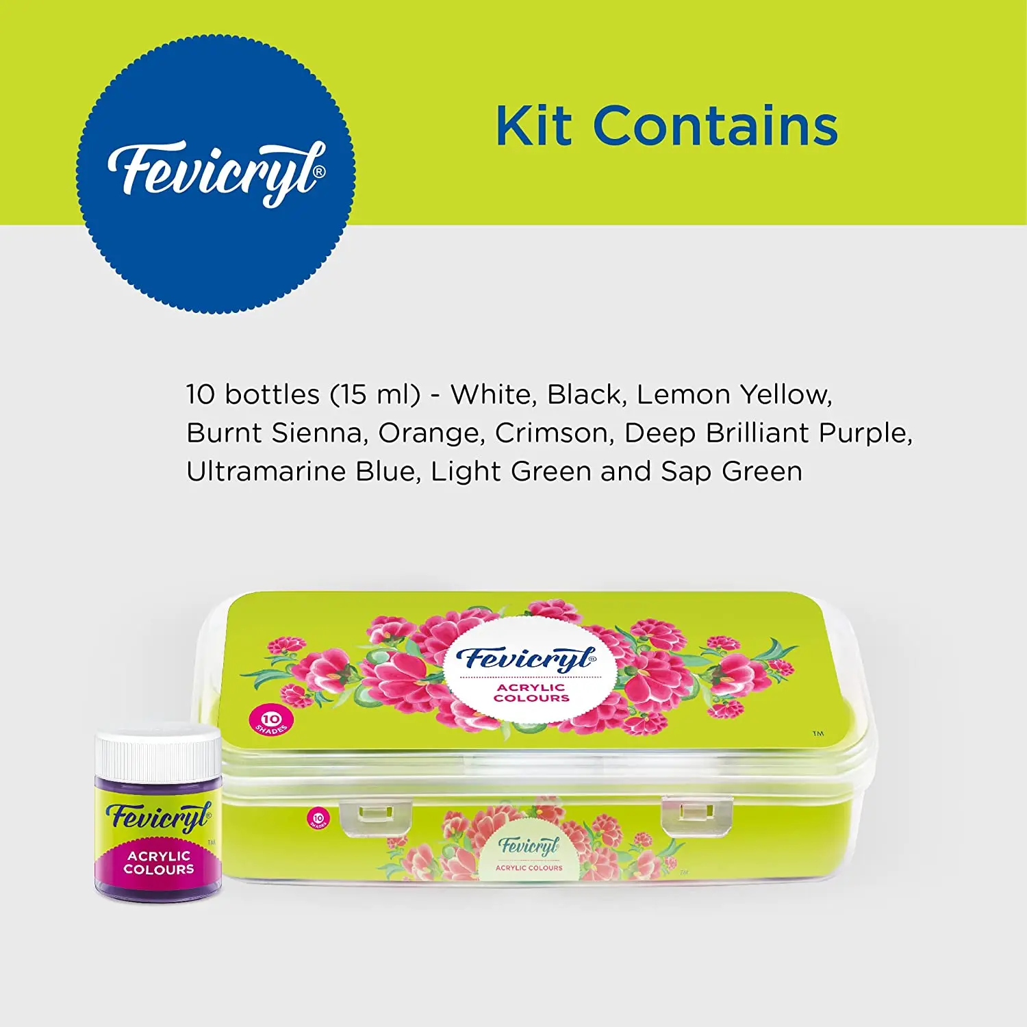 Picture of ORGINAL Fevicryl Acrylic Colours Sunflower Kit (10 Shades x 15ml) - DIY Fabric & Multi-Surface Painting Set