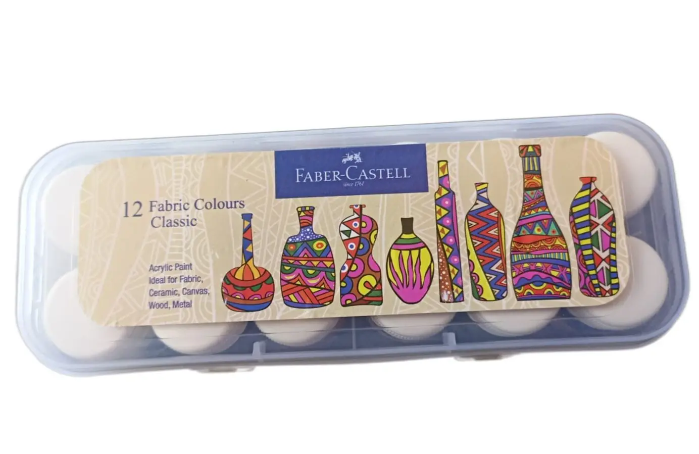 Picture of Faber-Castell Fabric Colours Set (12 Shades x 10ml) - Permanent & Wash-Proof Textile Paint for DIY Clothes & Art