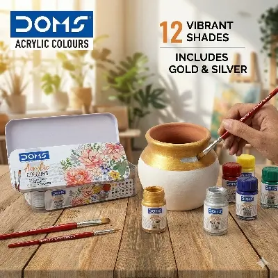 Picture of DOMS Acrylic Colours Set (12 Shades x 15ml) - Includes Gold & Silver Colors + 2 Free Brushes - Multi-Surface Paint Kit