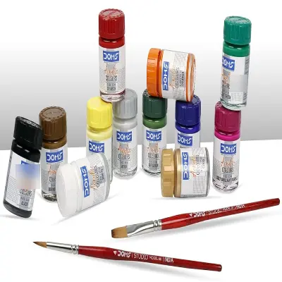 Picture of DOMS Acrylic Colours Set (12 Shades x 15ml) - Includes Gold & Silver Colors + 2 Free Brushes - Multi-Surface Paint Kit