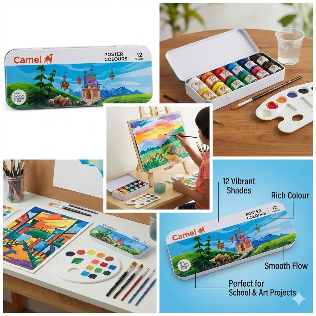 Picture of Camel Student Poster Colours 12 Shades (10ml) - Metal Tin Box Packaging - Kokuyo Camlin Indian Art Paint for Kids