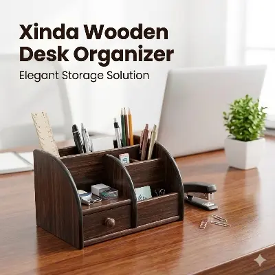 Picture of Xinda Wooden Desk Organizer & Pen Holder - Multifunctional MDF Office Stationery Stand for Mobile & Cards (BIG SIZE)