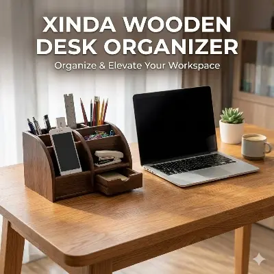 Picture of Xinda Wooden Desk Organizer & Pen Holder - Multifunctional MDF Office Stationery Stand for Mobile & Cards (BIG SIZE)