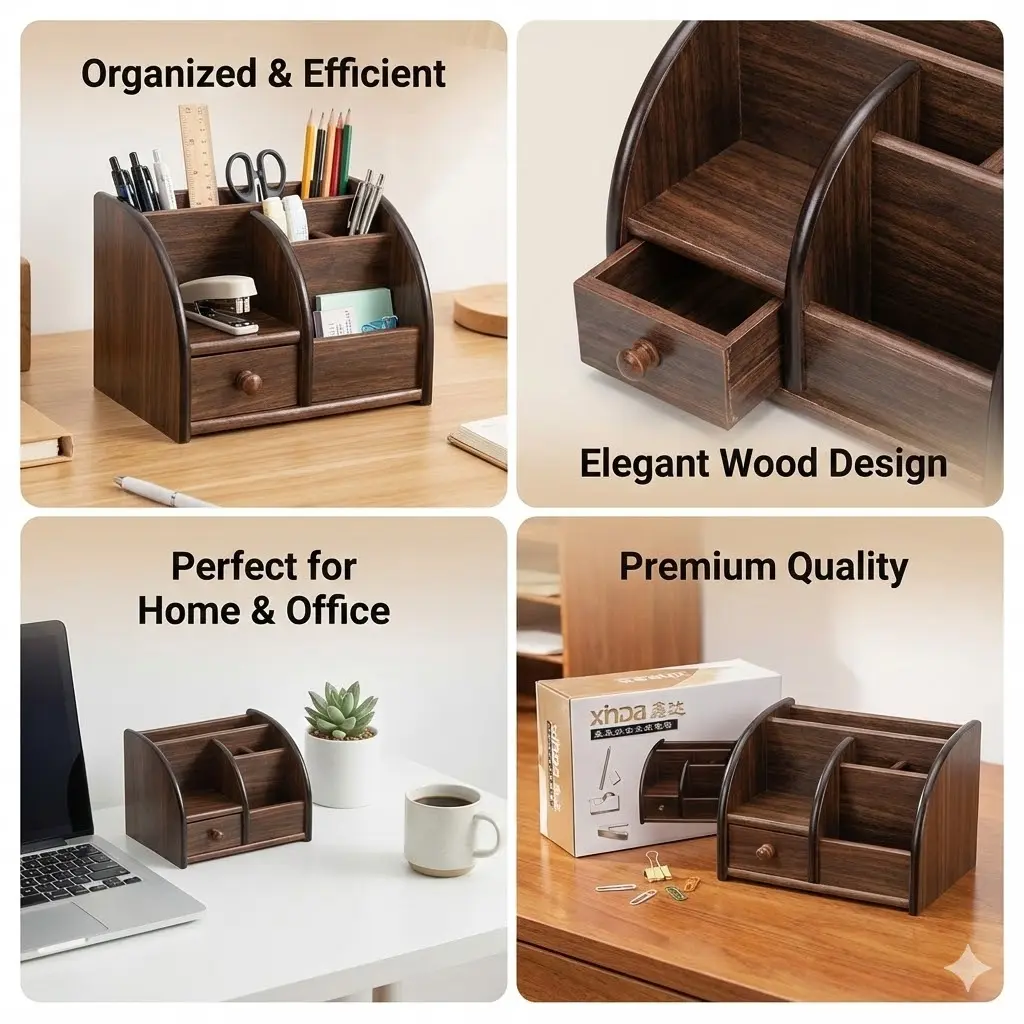 Picture of Xinda Wooden Desk Organizer & Pen Holder - Multifunctional MDF Office Stationery Stand for Mobile & Cards (BIG SIZE)