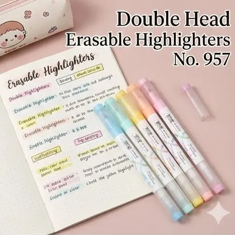 Picture of Erasable Highlighters (Model No. 957) - Set of 6 Pastel Dual-Tip Marker Pens - Correct Mistakes Easily
