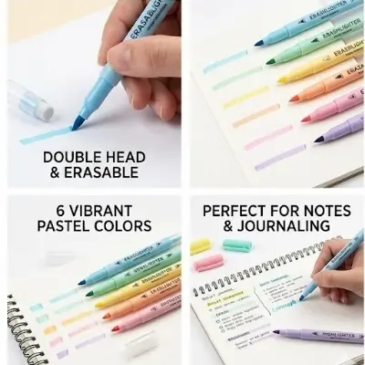Picture of Erasable Highlighters (Model No. 957) - Set of 6 Pastel Dual-Tip Marker Pens - Correct Mistakes Easily