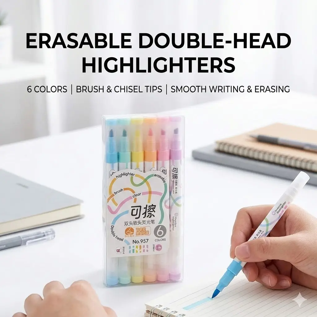 Picture of Erasable Highlighters (Model No. 957) - Set of 6 Pastel Dual-Tip Marker Pens - Correct Mistakes Easily