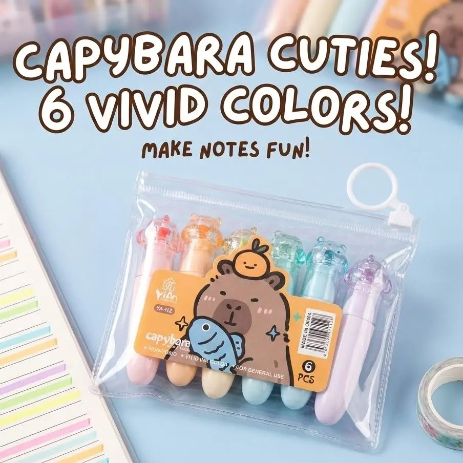 Picture of apybara Mini Highlighters (Set of 6) - Cute Kawaii Capsule Marker Pens for School, Journaling & Gift