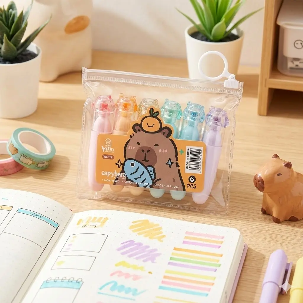 Picture of apybara Mini Highlighters (Set of 6) - Cute Kawaii Capsule Marker Pens for School, Journaling & Gift