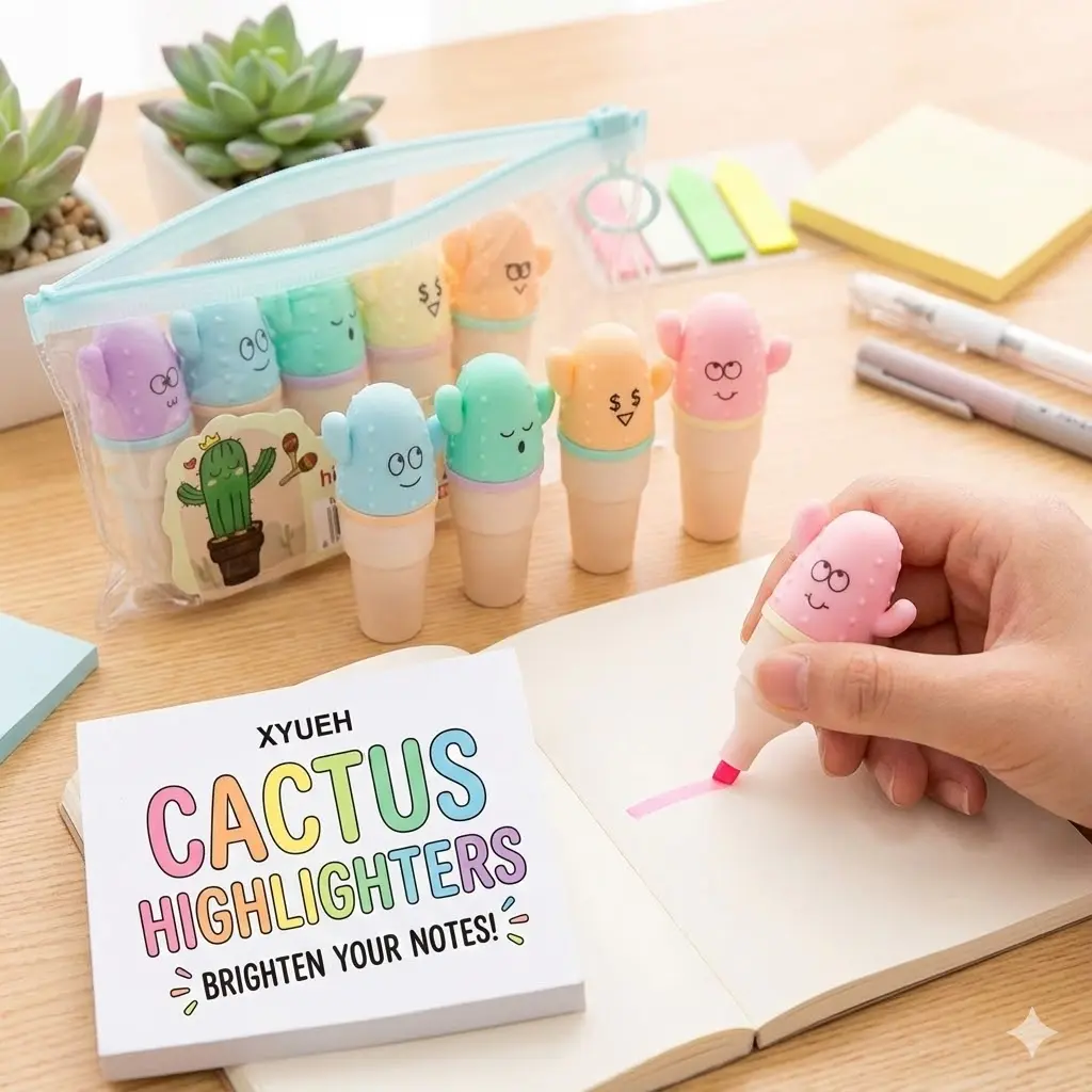 Picture of XYUEH Cactus Mini Highlighters (Set of 6) - Model XYH-3175 - Cute Capsule Marker Pens for School & Journaling