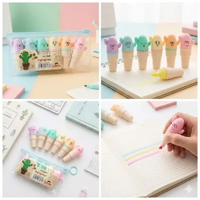 Picture of XYUEH Cactus Mini Highlighters (Set of 6) - Model XYH-3175 - Cute Capsule Marker Pens for School & Journaling