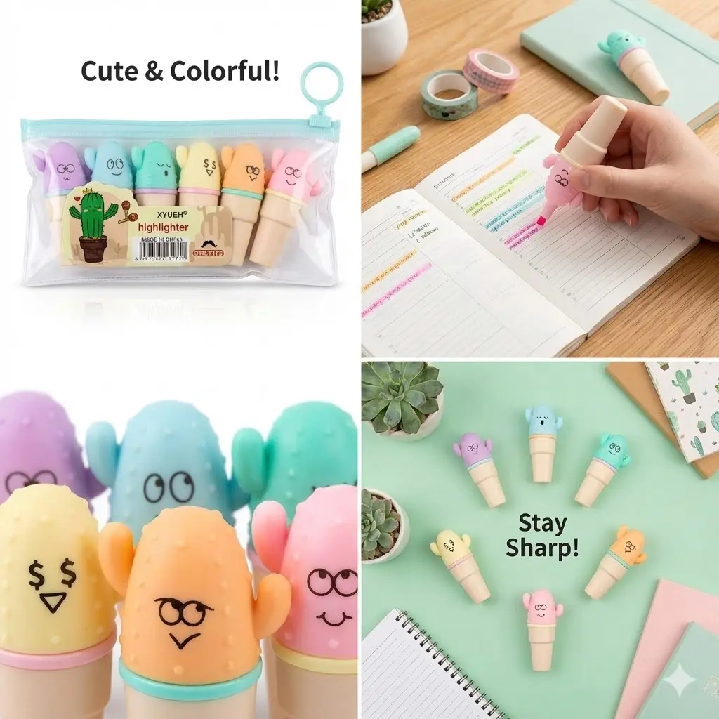 Picture of XYUEH Cactus Mini Highlighters (Set of 6) - Model XYH-3175 - Cute Capsule Marker Pens for School & Journaling