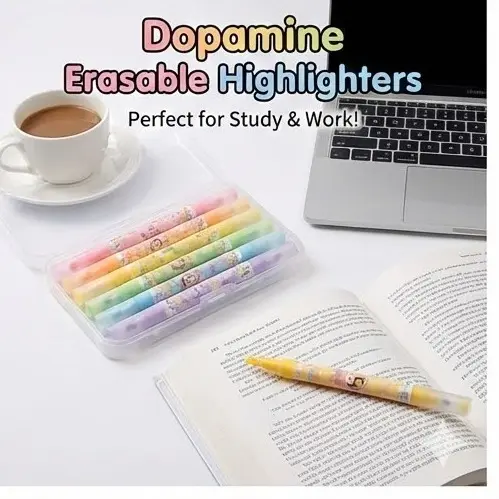 Picture of Dofamine Erasable Highlighters (Model 955) - Set of 6 Pastel Color Dual-Tip Marker Pens - Dopamine Series