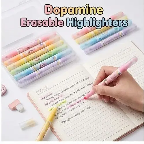 Picture of Dofamine Erasable Highlighters (Model 955) - Set of 6 Pastel Color Dual-Tip Marker Pens - Dopamine Series
