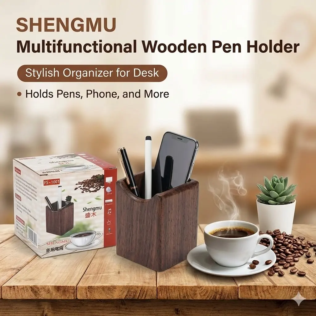 Picture of Shengmu Wooden Pen Holder (FS-1001) - Premium MDF Desk Organizer for Office & Study - Pen, Mobile & Card Stand