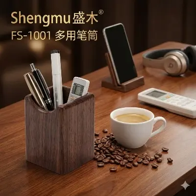 Picture of Shengmu Wooden Pen Holder (FS-1001) - Premium MDF Desk Organizer for Office & Study - Pen, Mobile & Card Stand