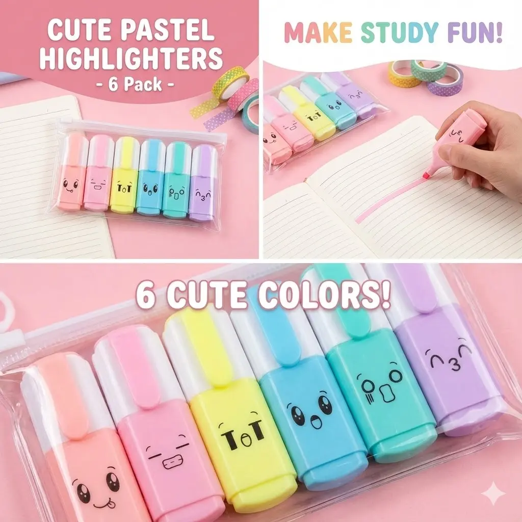 Picture of Mini Capsule Highlighters (Set of 6) - Cute Vitamin Pill Shaped Emoji Marker Pens for School & Kids Gift