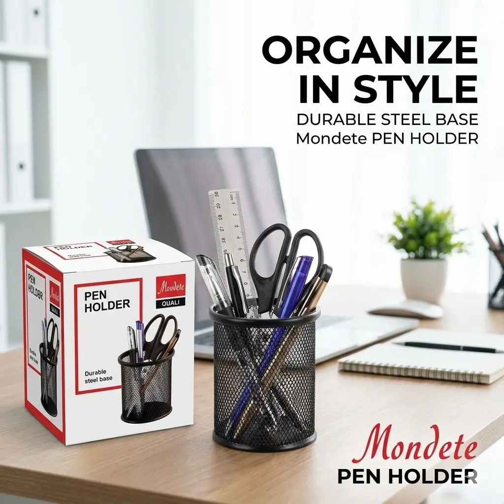 Picture of Mondete Black Steel Pen Desk Holder - Metal Mesh Stationery Organizer with Anti-Slip Rubber Feet for Office & Home