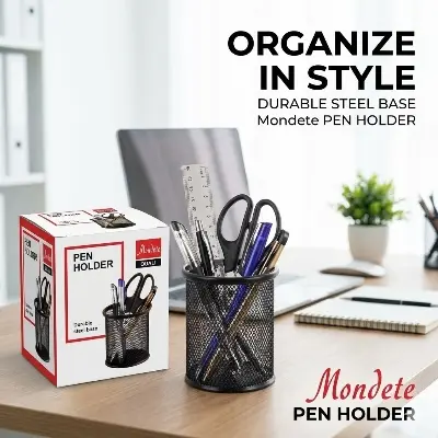 Picture of Mondete Black Steel Pen Desk Holder - Metal Mesh Stationery Organizer with Anti-Slip Rubber Feet for Office & Home