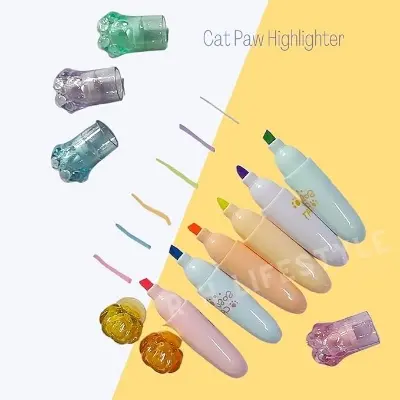 Picture of Cat Paw Mini Highlighters (Set of 6) - Cute Capsule Shaped Marker Pens with Chisel Tip for School & Journaling