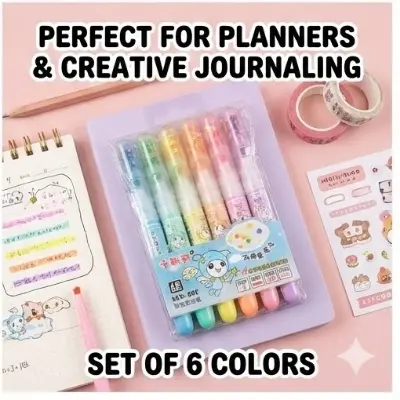 Picture of KLS-602 Star Tip Highlighters (Set of 6) - 4-in-1 Multi-Function Pastel Markers with Glitter Cap