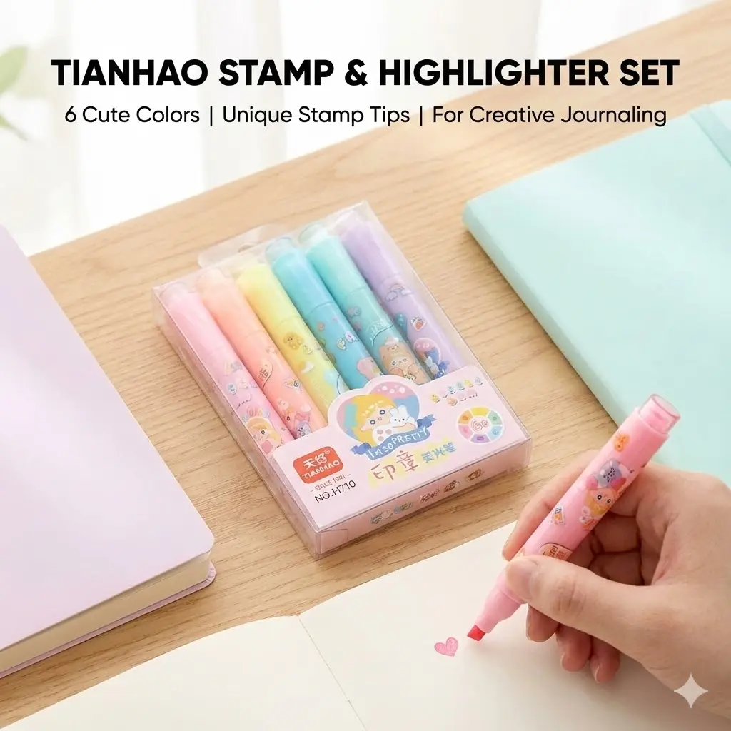 Picture of Tianhao Dual-Tip Stamp Highlighters (Model H710) - Set of 6 Pastel Marker Pens with Cute Seals - 'I'm So Pretty' Series