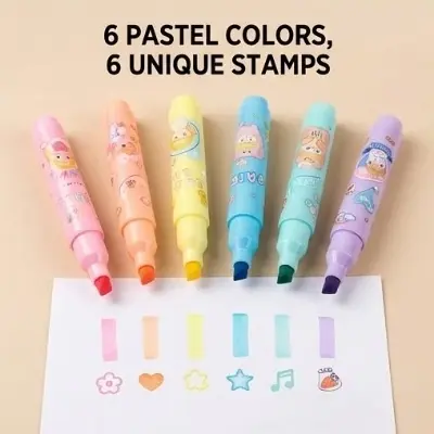 Picture of Tianhao Dual-Tip Stamp Highlighters (Model H710) - Set of 6 Pastel Marker Pens with Cute Seals - 'I'm So Pretty' Series