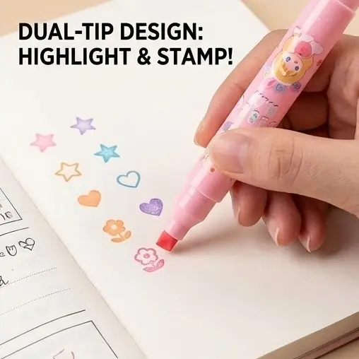 Picture of Tianhao Dual-Tip Stamp Highlighters (Model H710) - Set of 6 Pastel Marker Pens with Cute Seals - 'I'm So Pretty' Series