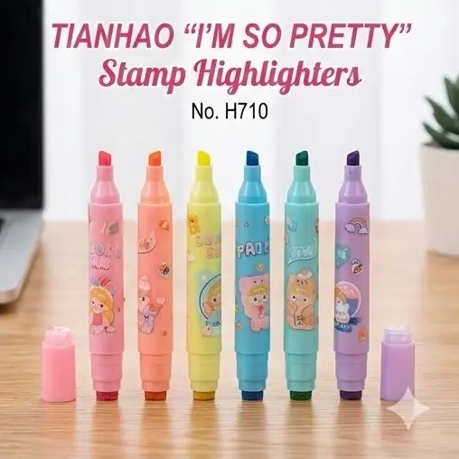 Picture of Tianhao Dual-Tip Stamp Highlighters (Model H710) - Set of 6 Pastel Marker Pens with Cute Seals - 'I'm So Pretty' Series
