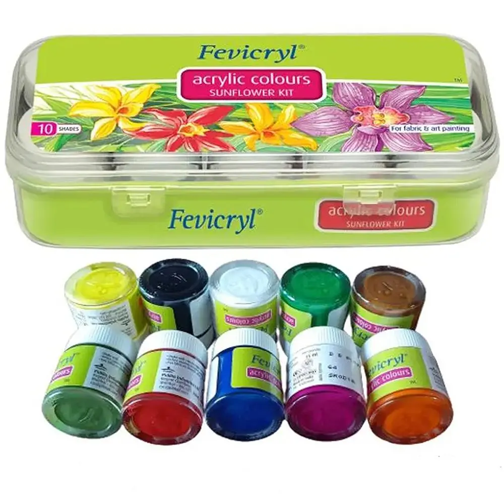 Picture of ORGINAL Fevicryl Acrylic Colours Sunflower Kit (10 Shades x 15ml) - DIY Fabric & Multi-Surface Painting Set