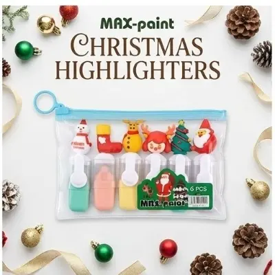 Picture of Christmas Theme Mini Highlighters (Set of 6) - Santa & Snowman Topper Marker Pens in Zipper Pouch for Kids Gift