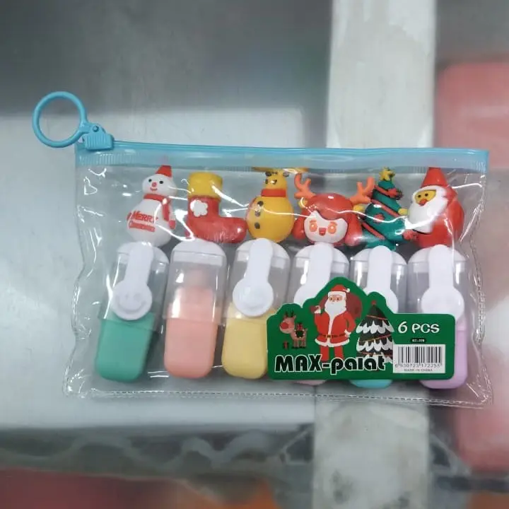 Picture of Christmas Theme Mini Highlighters (Set of 6) - Santa & Snowman Topper Marker Pens in Zipper Pouch for Kids Gift