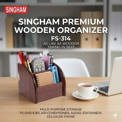 Picture of Full Title: Singham Wooden Style Desk Organizer & Pen Holder (FS-314) - Multifunctional Office Stationery Stand for Mobile & Remote