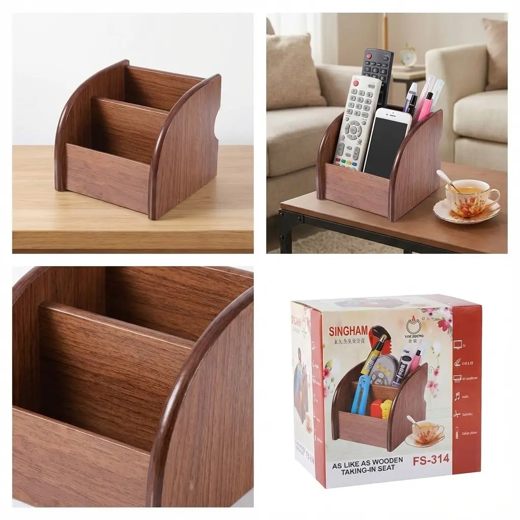 Picture of Full Title: Singham Wooden Style Desk Organizer & Pen Holder (FS-314) - Multifunctional Office Stationery Stand for Mobile & Remote