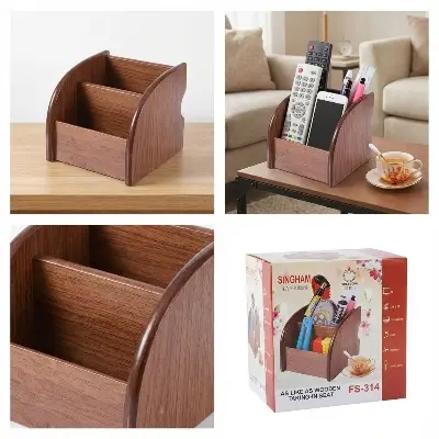 Picture of Full Title: Singham Wooden Style Desk Organizer & Pen Holder (FS-314) - Multifunctional Office Stationery Stand for Mobile & Remote