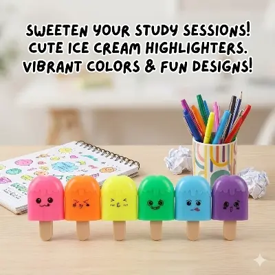 Picture of Ice Cream Popsicle Highlighters (Set of 6) - Cute Mini Marker Pens with Chisel Tip for School & Return Gifts