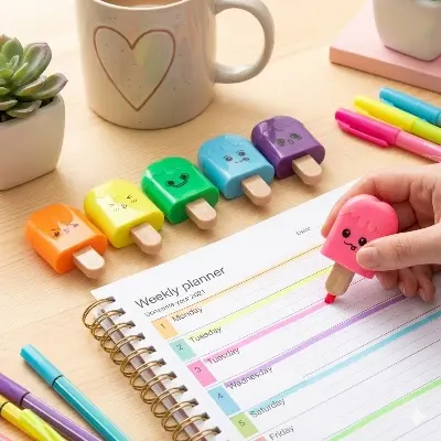 Picture of Ice Cream Popsicle Highlighters (Set of 6) - Cute Mini Marker Pens with Chisel Tip for School & Return Gifts