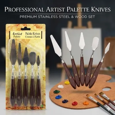 Picture of Artist Palette Knife Set (5 Pcs) - Stainless Steel Spatula with Wooden Handle for Oil & Acrylic Painting,Professional Painting Knife Set - 5 Pcs Stainless Steel Spatulas