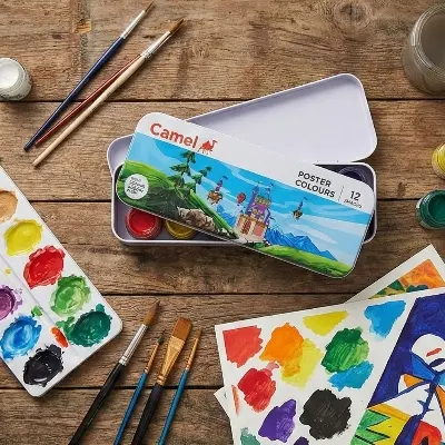 Picture of Camel Student Poster Colours 12 Shades (10ml) - Metal Tin Box Packaging - Kokuyo Camlin Indian Art Paint for Kids