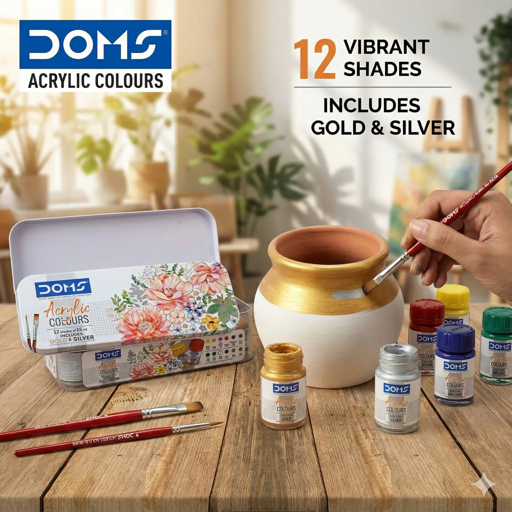 Picture of DOMS Acrylic Colours Set (12 Shades x 15ml) - Includes Gold & Silver Colors + 2 Free Brushes - Multi-Surface Paint Kit