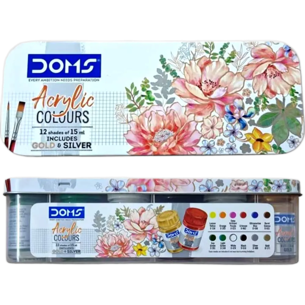 Picture of DOMS Acrylic Colours Set (12 Shades x 15ml) - Includes Gold & Silver Colors + 2 Free Brushes - Multi-Surface Paint Kit