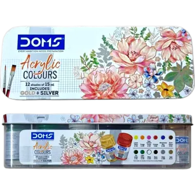 Picture of DOMS Acrylic Colours Set (12 Shades x 15ml) - Includes Gold & Silver Colors + 2 Free Brushes - Multi-Surface Paint Kit