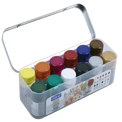 Picture of DOMS Acrylic Colours Set (12 Shades x 15ml) - Includes Gold & Silver Colors + 2 Free Brushes - Multi-Surface Paint Kit