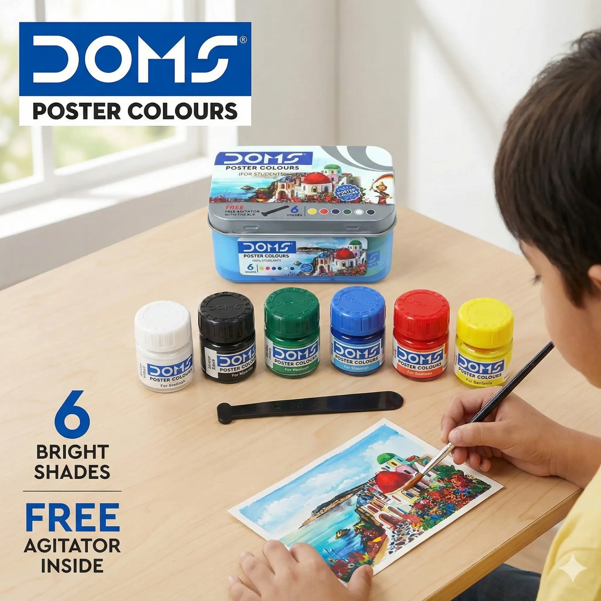 Picture of DOMS Poster Colour Set 6 Shades (10ml each) - With Free Dual Brush & Agitator - Vibrant Painting Kit for Kids