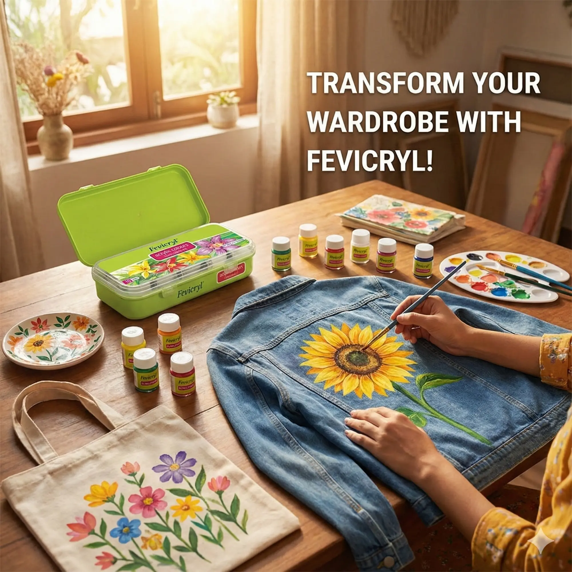 Picture of ORGINAL Fevicryl Acrylic Colours Sunflower Kit (10 Shades x 15ml) - DIY Fabric & Multi-Surface Painting Set