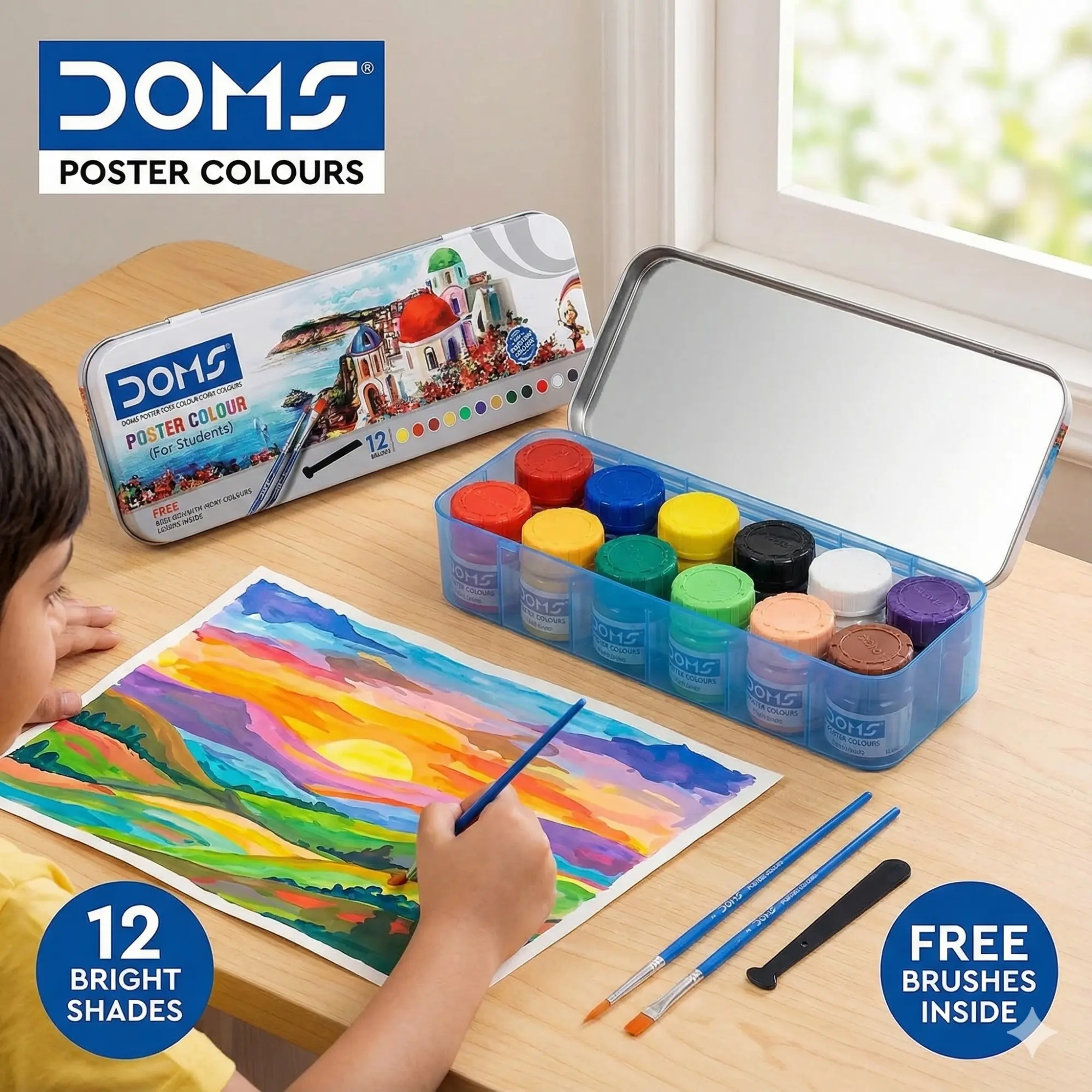 Picture of DOMS Poster Colour Set (12 Shades x 10ml) - Smooth Matte Finish Paint with Free Agitator for Students & Artists