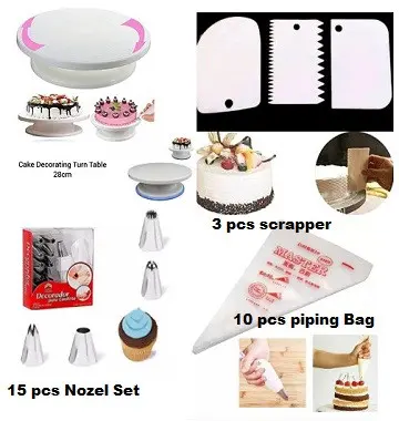 Picture of Cake Decorating Turntable Combo - 28cm Stand, 12 Nozzles, 10 Piping Bags & 3 Scrappers  : 4-in-1 Cake Decorating Kit with Turntable  Ultimate Baking Combo - Turntable, Nozzles & Tools Set